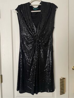 Black sequenced midi dress by Velvet, soft lined with front gather and v-neck